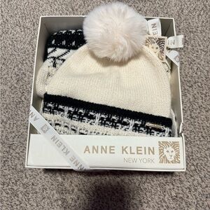 Anne Klein Black and Cream Knit Beanie with Pom